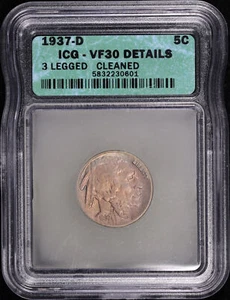 1937-D 3 Legged Buffalo Nickel ICG VF-30 Details Cleaned - Key Date! - Picture 1 of 2
