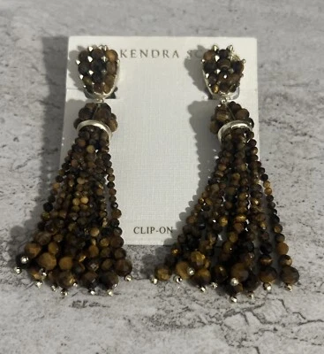 Kendra Scott Cecily Drop Statement Clip On Earrings in Brown Tigers Eye - Image 1 of 4