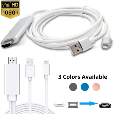 1080P HDMI Mirroring Cable Phone To TV HDTV AV Adapter For iPhone 12 11 X 8 7 6s - Image 1 of 4