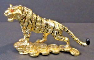 Chinese Feng Shui Rhinestone, Enamel & Gold Metal Tiger on Coins Trinket Box - Picture 1 of 12