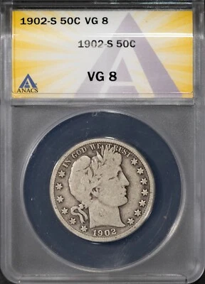1902-S 50c Silver Barber Half-dollar VG 8 ANACS # 7693147 + Bonus - Image 1 of 2