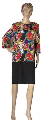 Vestido de manga 3/4 con estampado de leopardo y cadenas doradas audaces de la década de 1980 hecho en EE. UU. Talla 10 Foto 1 de 4