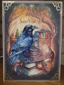 HANDMADE PERSONALISED PAGAN FANTASY BIRTHDAY CARD WIZARDS SORTING HAT RAVEN 2023 - Picture 1 of 5