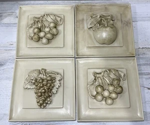 4 Vintage Fruit Ceramic Wall Art 7.75”x7.75” Grapes Cherry Apple - Picture 1 of 10
