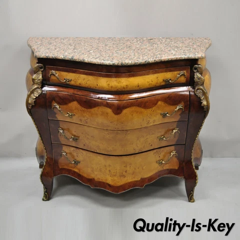 Reproduction French Louis XV Style Pink Marble Top Bombe Commode Dresser Chest Cover