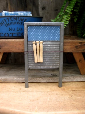 Antique Tin Toy Washboard Blue Calico Inset w Toy Clothespins - Image 1 of 4