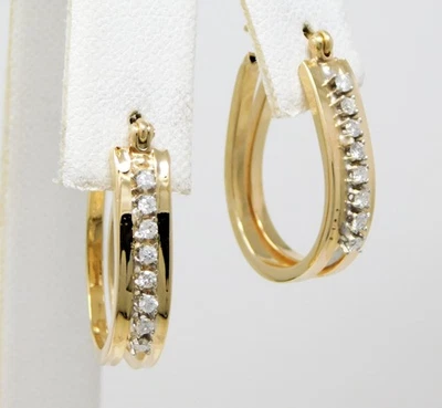 14 kt Yellow & White Gold Pair of Long Diamond Oblong Hoop Drop Earrings B9005 - Image 1 of 4
