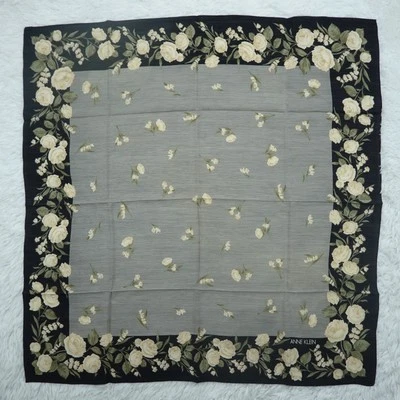 ANNE KLEIN Black Gray Flower Silk Scarf Scarves 32.5" X 34" P479 - Image 1 of 4