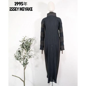 Vestido Largo Issey Miyake Cuello Alto Bicolor Plisado 1995 Negro Marrón Talla M Japón - Imagen 1 de 12