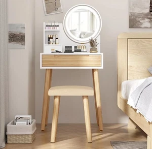 Vanity Table Set Dressing Desk w/ LED Mirror Cushioned Stool Drawer Makeup White - Picture 1 of 10