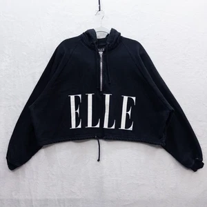 Vintage ELLE Crop Sweatshirt Hoodie Black Half Zip Logo One Size - Picture 1 of 4
