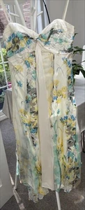 MONSOON ‘RIANNE’ IVORY, GREY, YELLOW & SILVER SILK STRAPLESS DRESS 14 UK - Picture 1 of 11