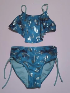 Justice Swimsuit Girls 10 Aqua Navy Silver Mermaid Tie Dye Print 2 Piece NWOT - Picture 1 of 3