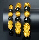 Pure 24k Yellow Gold Bracelet Men's 3D Pixiu Dragon Lucky Agate Beaded Bracelet