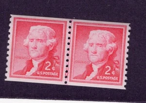 1961 2 cent Liberty Issue Line Pair Small Hole, Scott #1055a, Mint NH - Picture 1 of 2