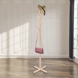 Solid Wood Coat Rack Stand Free Standing with 8 Hooks Hat Bag Umbrella Hanger  - Picture 1 of 8