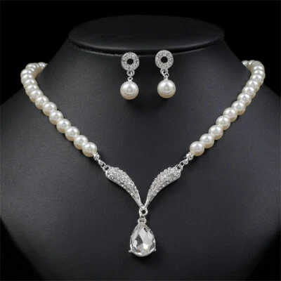 Charm Tear Drop Dangle White Pearl Collar Necklace Earring Wedding Jewelry Set - Imagem 1 de 4