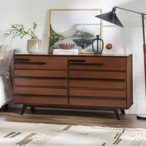 Modern 6 Drawer Double Dresser Wide Chest of Drawers Bedroom Solid Wood Walnut - Picture 1 of 4