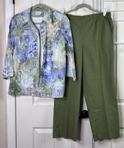 Alfred Dunner 3 Piece Set Cami Geometric Sz 10 Blouse Green Pant Sz 12 Granny Co - Picture 1 of 19