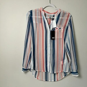 KUT from the Kloth Button Up Sheer Blouse Size S Peach Blue Stripe Roll Tab Top - Picture 1 of 12
