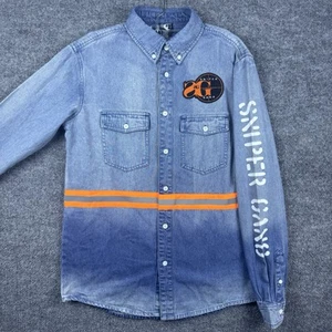 Camicia Sniper Gang Denim con bottoni piccola ricamata scritta manica lunga nuova con etichetta - Foto 1 di 15