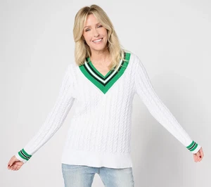 Isaac Mizrahi Live! Clubhouse Cable V-Neck Sweater with Tipping-White-XS-A634842 - Picture 1 of 1