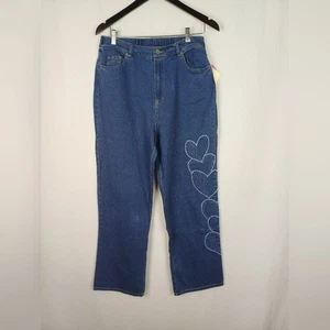 NWT Quacker Factory Beaded Sparkle Heart Stretch Denim Blue Jeans Large A3446 - Picture 1 of 8
