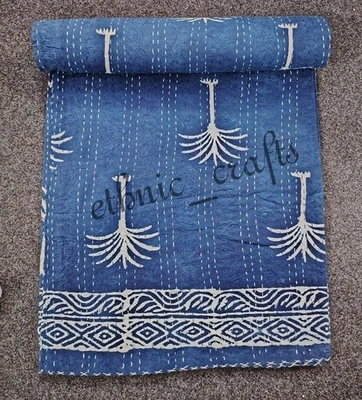 Indigo Cotton Quilt Vintage Reversible Bed Quilt kantha Handmade - Image 1 of 4