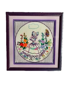 Vintage Embroidered - framed - Folk Art - Girl Bonnet With Flowers - Cottagecore - Picture 1 of 12