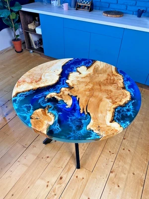 Round Walnut Epoxy Resin Tabletop Custom Handmade Furniture For Kitchen - Image 1 of 4