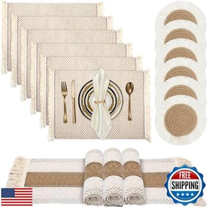 Boho Macrame Table Runner Placemat and Coaster Set of 13, Rustic Table Runner - Picture 1 of 5