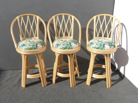 Three Vintage Mid Century Floral Swivel Rattan Bamboo Bar Stools Leather Strap Cover