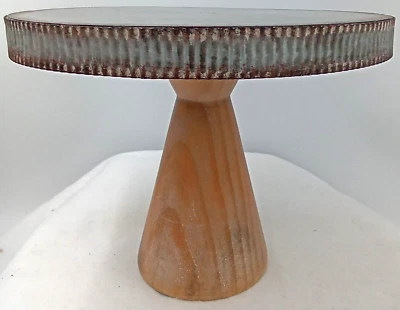 Cake Stand Wood Pedestal Metal Tray Galvanized Silver Tin Fluted Edge Rustic New - Image 1 of 4