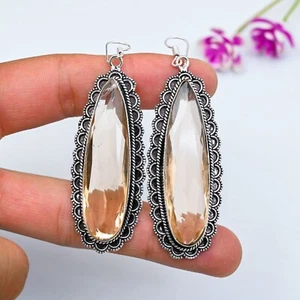 Dainty Morganite Teardrop Earrings 925 Sterling Silver Handmade Jewelry For Gift - Picture 1 of 5
