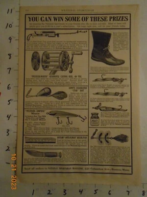 1919 Carrete de pesca señuelo cuchillo de caza bota estufa impresión AD Plueger Reel Creek Chub Foto 1 de 3