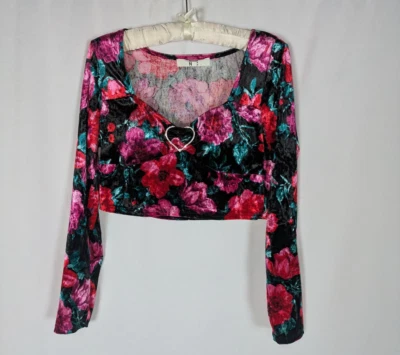 Madden NYC Shirt L Juniors Black Floral Velour Rhinestone Heart Long Sleeve Crop - Image 1 of 4