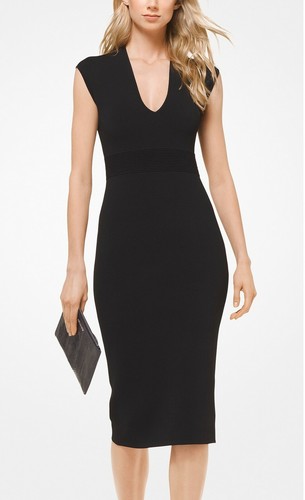 MICHAEL KORS NUOVO CON ETICHETTE AL DETTAGLIO $175 Abito Midi a costine elasticizzato in viscosa nero GRANDE (L)