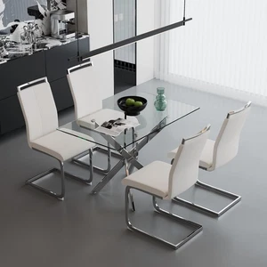 Rectangular Tempered Glass Dining Table Set with 4 Ergonomic PVC Chairs - Picture 1 of 12
