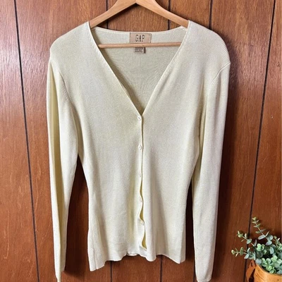 Cárdigan vintage GAP amarillo mantequilla 100 % seda cabaña fibras naturales Foto 1 de 4