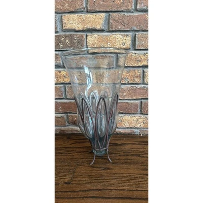 Jarrón de vidrio abultado transparente de Murano jaula de metal soplado florero interior recipiente RARO Foto 1 de 4