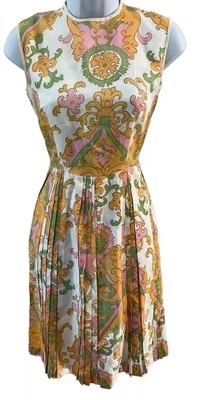 Mini Vestido Psicodélico Vintage Años 60 Sin Mangas Verano XS/S Metal Cremallera Pastel Foto 1 de 4