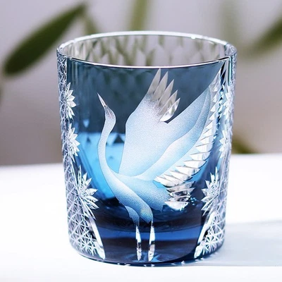 Japanese Style Edo Kiriko Glass Whisky Glass Tumbler Hand Cut To Clear Blue 9oz - Image 1 of 4
