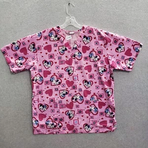 VINTAGE Disney Women Scrub Top Medium Pink Mickey Minnie Mouse Heart Kisses Love - Picture 1 of 8