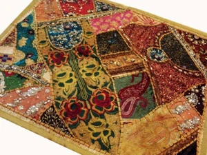 35" Vintage Cotton Tapestry Table Cloth Beaded Zari Patchwork Home Wall Covering - Picture 1 of 10