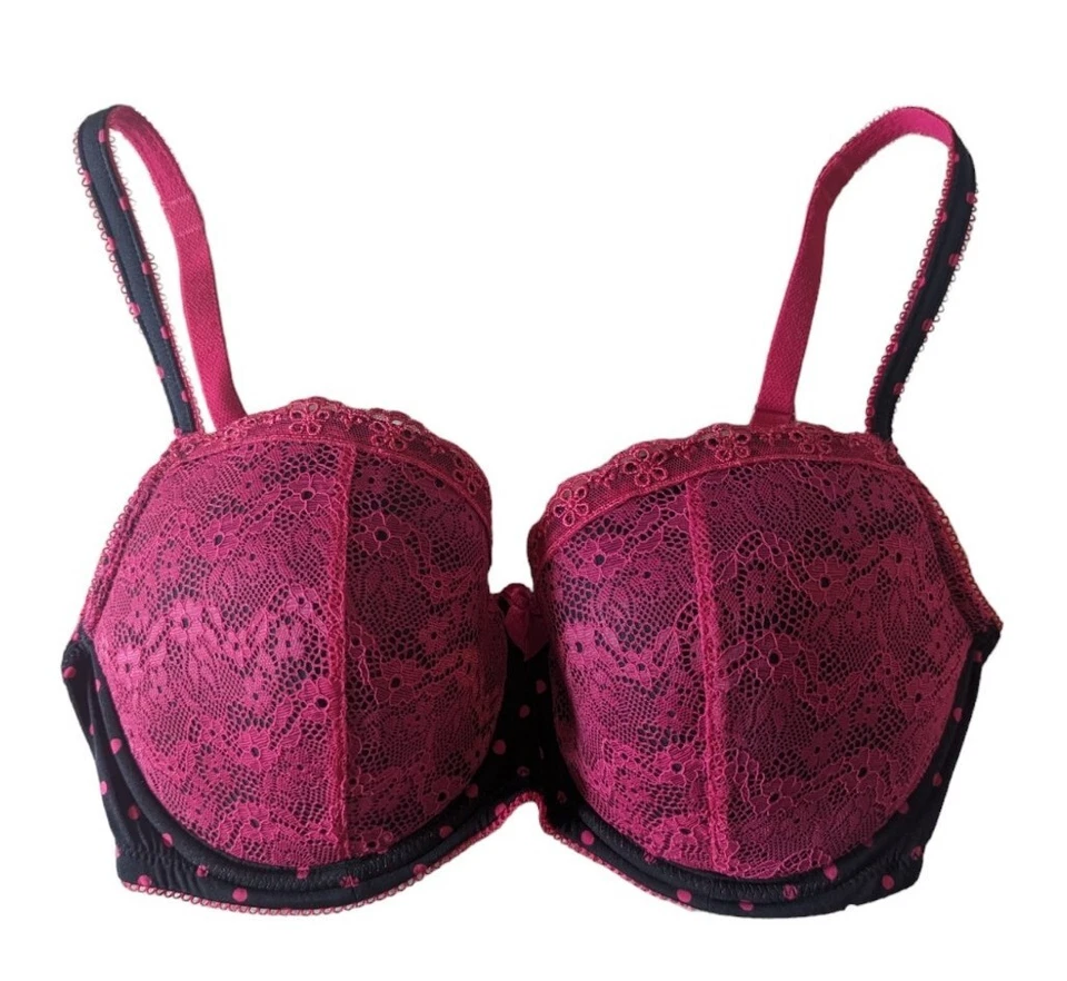 Sujetador B. Temptd Wacoal 32DDD Push Up Fucsia Encaje Negro Lunares Con Aros Floral Foto 1 de 4