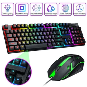 Gaming Keyboard And Mouse LED Light Backlit Mechanical Feel For Computer Desktop - Picture 1 of 12