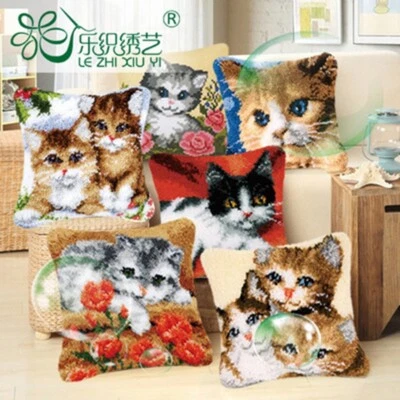 Animal Cat Cushion Cover Making kits Latch Hook Rug For Beginners Embroidery - Image 1 of 4