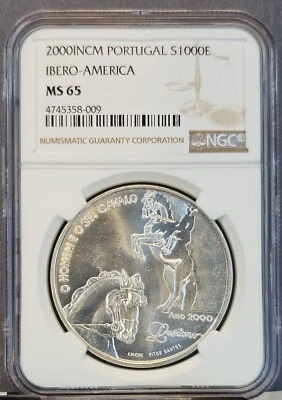 2000 PORTUGAL SILVER 1000 ESCUDOS THE MAN AND HIS HORSE NGC MS 65 GEM BU - Image 1 of 3