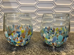 Two 2 Mexican Confetti Glass Hand Blown Stemless Wine Glass Cup Set 10oz - Picture 1 of 10