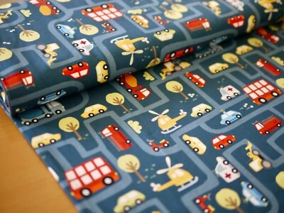 HILCO Jersey T-Shirt-Stoff Autostraße MUCH TRAFFIC Feuerwehr Polizei Bagger Auto - Bild 1 von 4